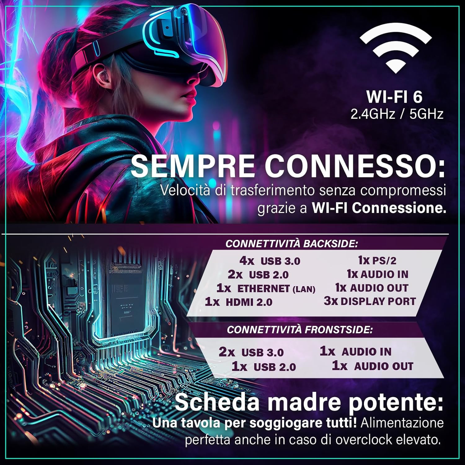 Donna con visore VR, con testo su Wi-Fi 6 e porte della scheda madre.