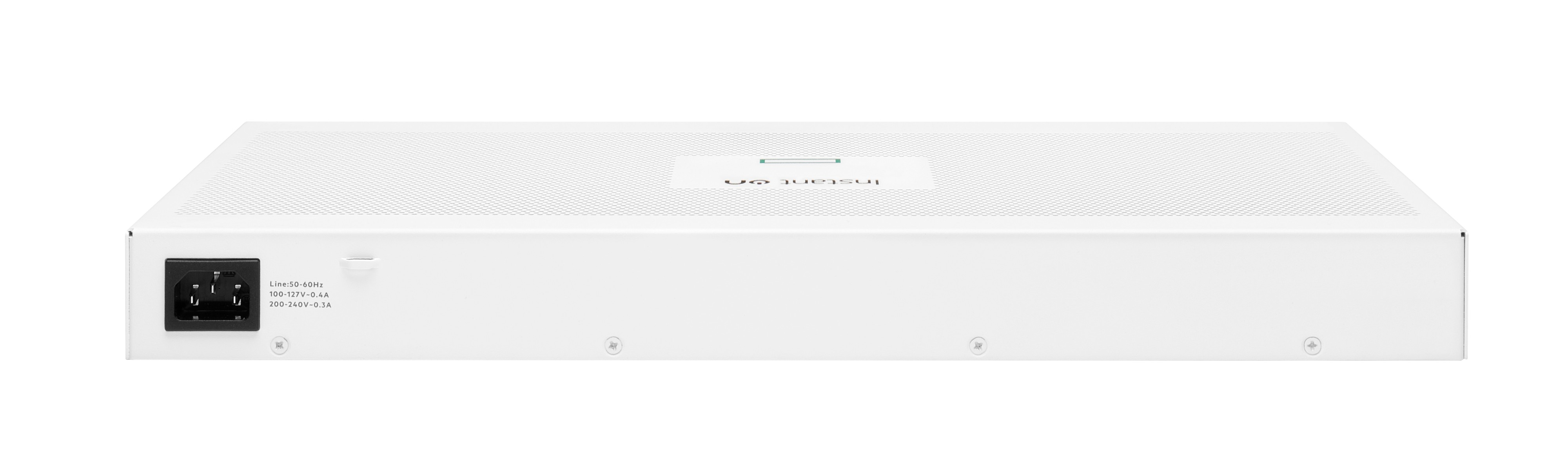 Un server rettangolare bianco con ingresso di alimentazione e specifiche tecniche stampate sul retro, isolato su bianco.