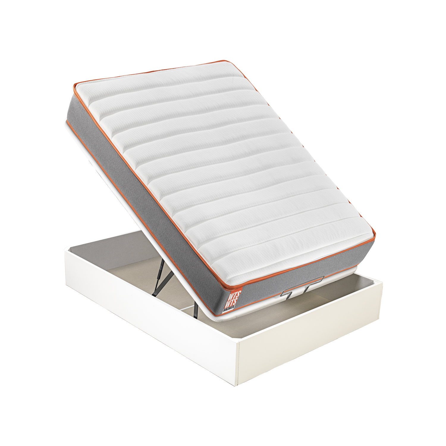 Una base de cama blanca con un colchón elevado y borde naranja.