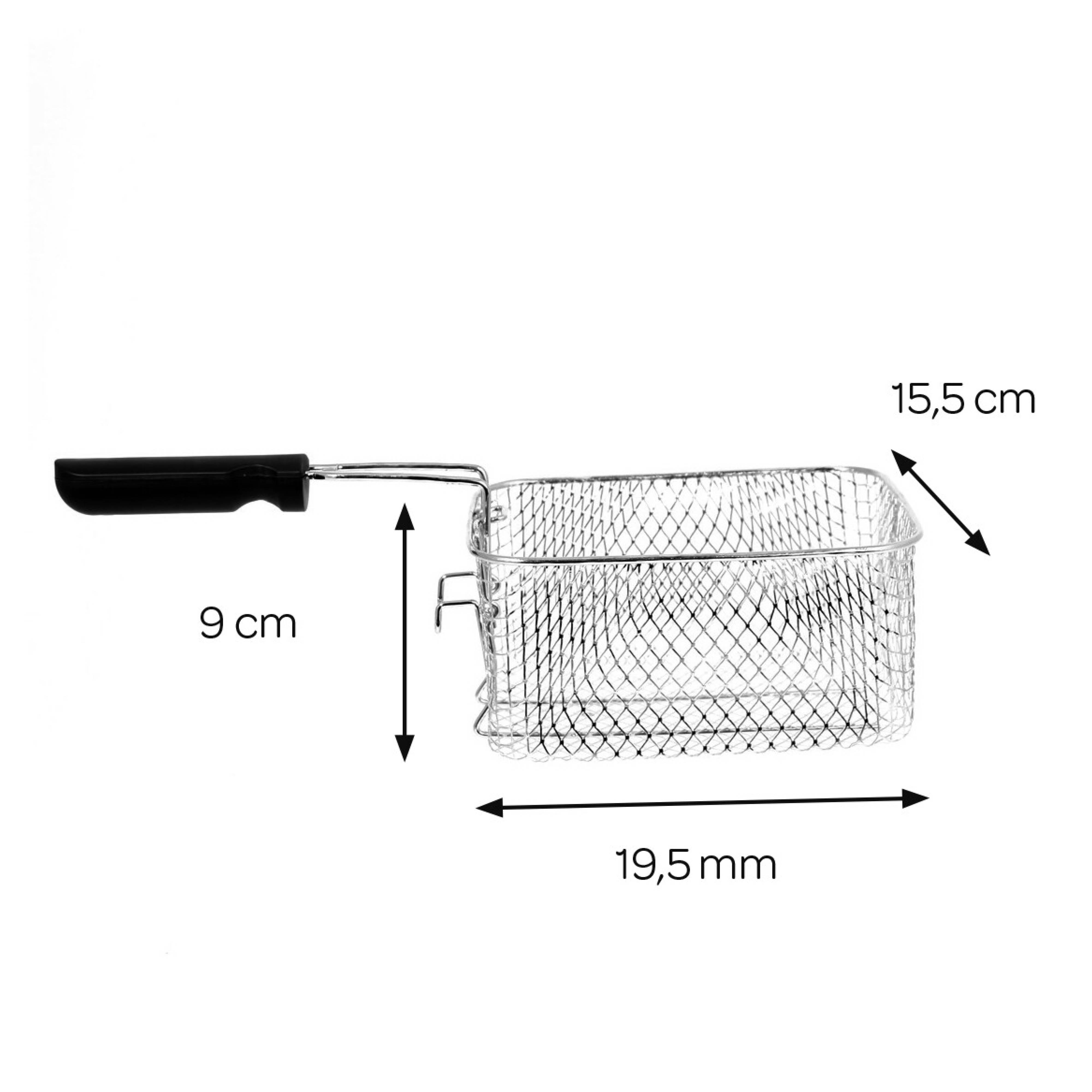 A silver mesh fryer basket with a black handle. Dimensions: 19.5 x 15.5 x 9 cm.