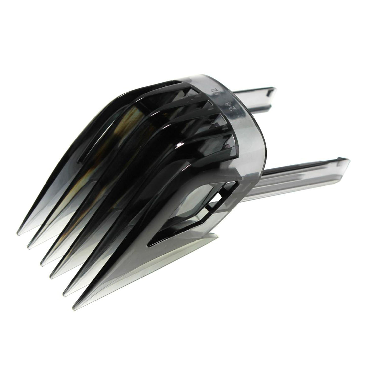 Schwarzer Haarschneidemaschinenvorsatz mit nummerierten Markierungen, auf weißem Hintergrund.