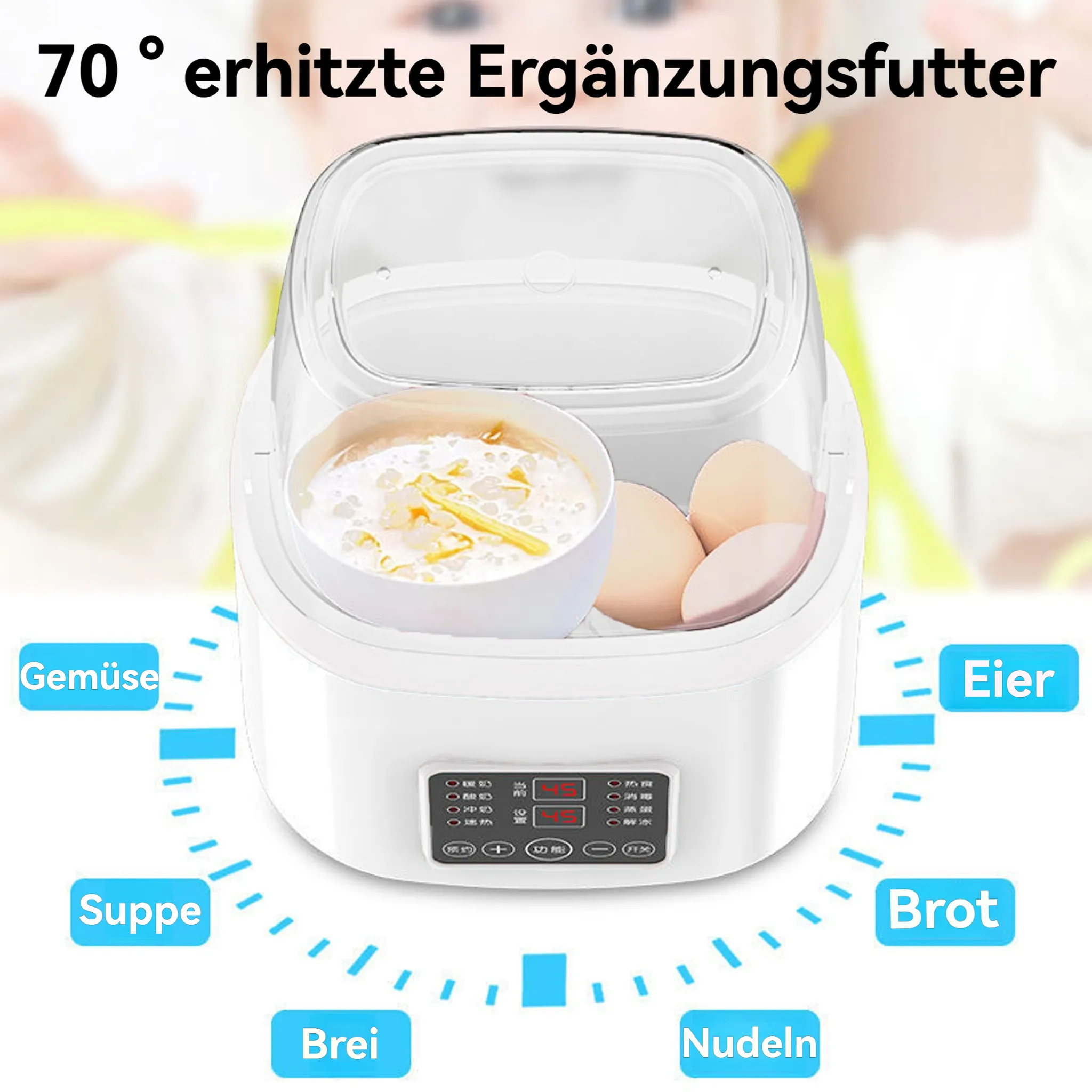 Ein weißer Dampfgarer mit einer Schüssel Brei und Eiern.