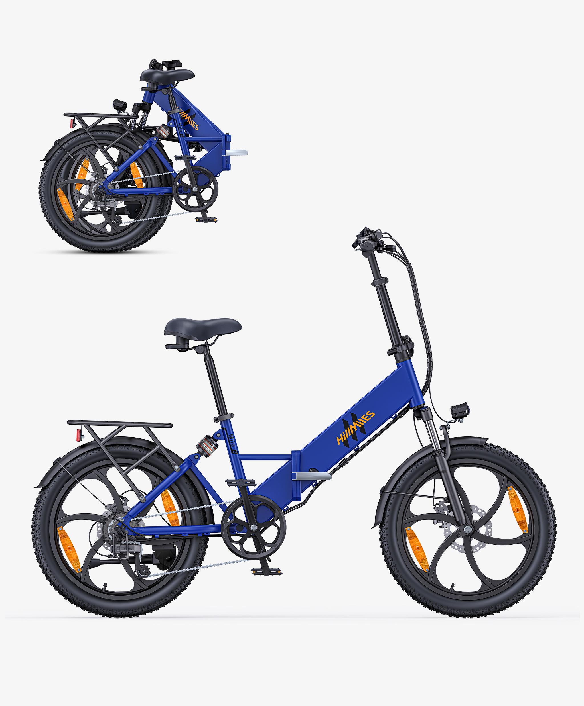 Una bicicleta plegable azul con sillín negro, portaequipajes y reflectores naranjas.