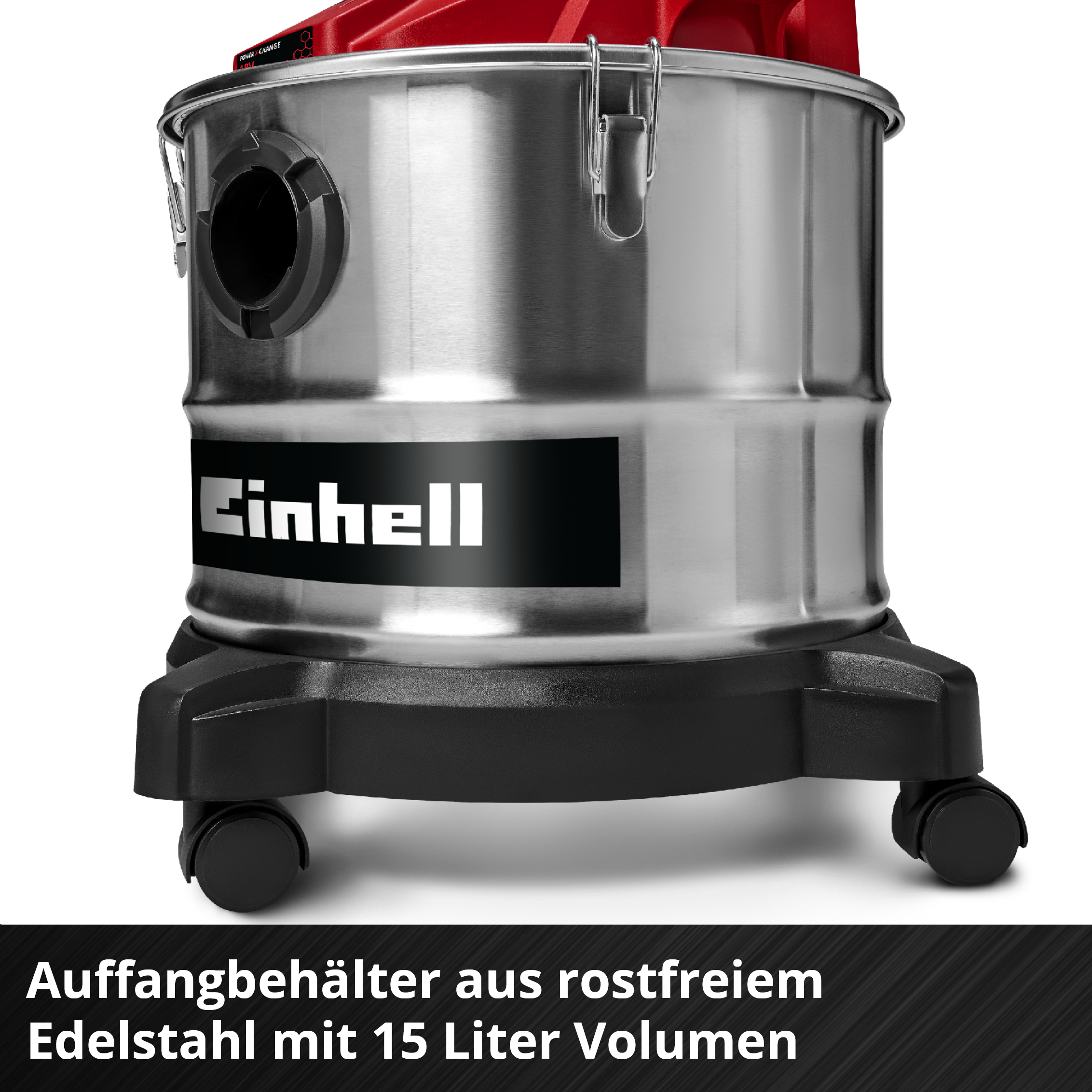 Un réservoir d'aspirateur argenté avec logo Einhell noir sur base noire à roulettes.