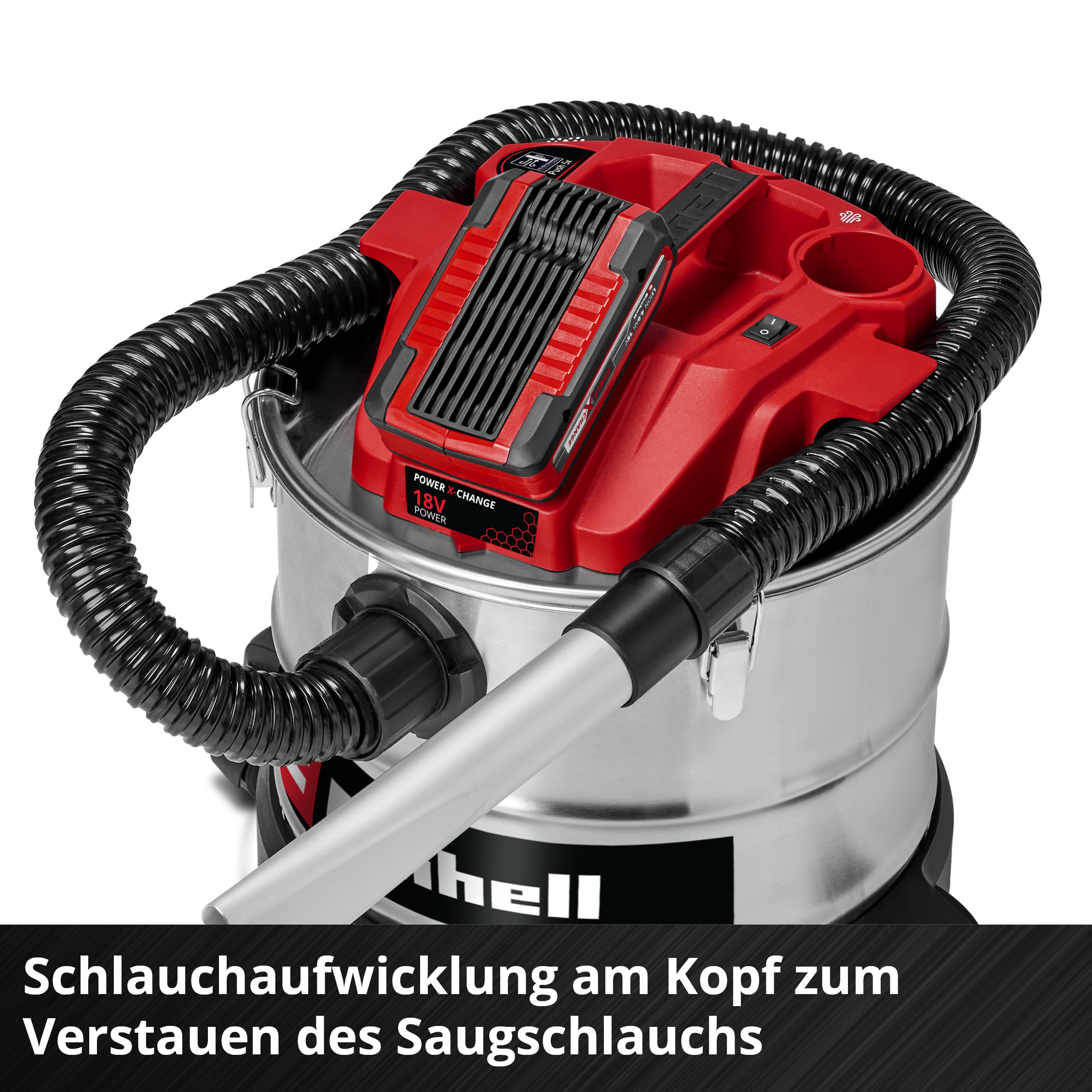 Aspirateur sans fil rouge avec cuve en acier inoxydable et tuyau noir.