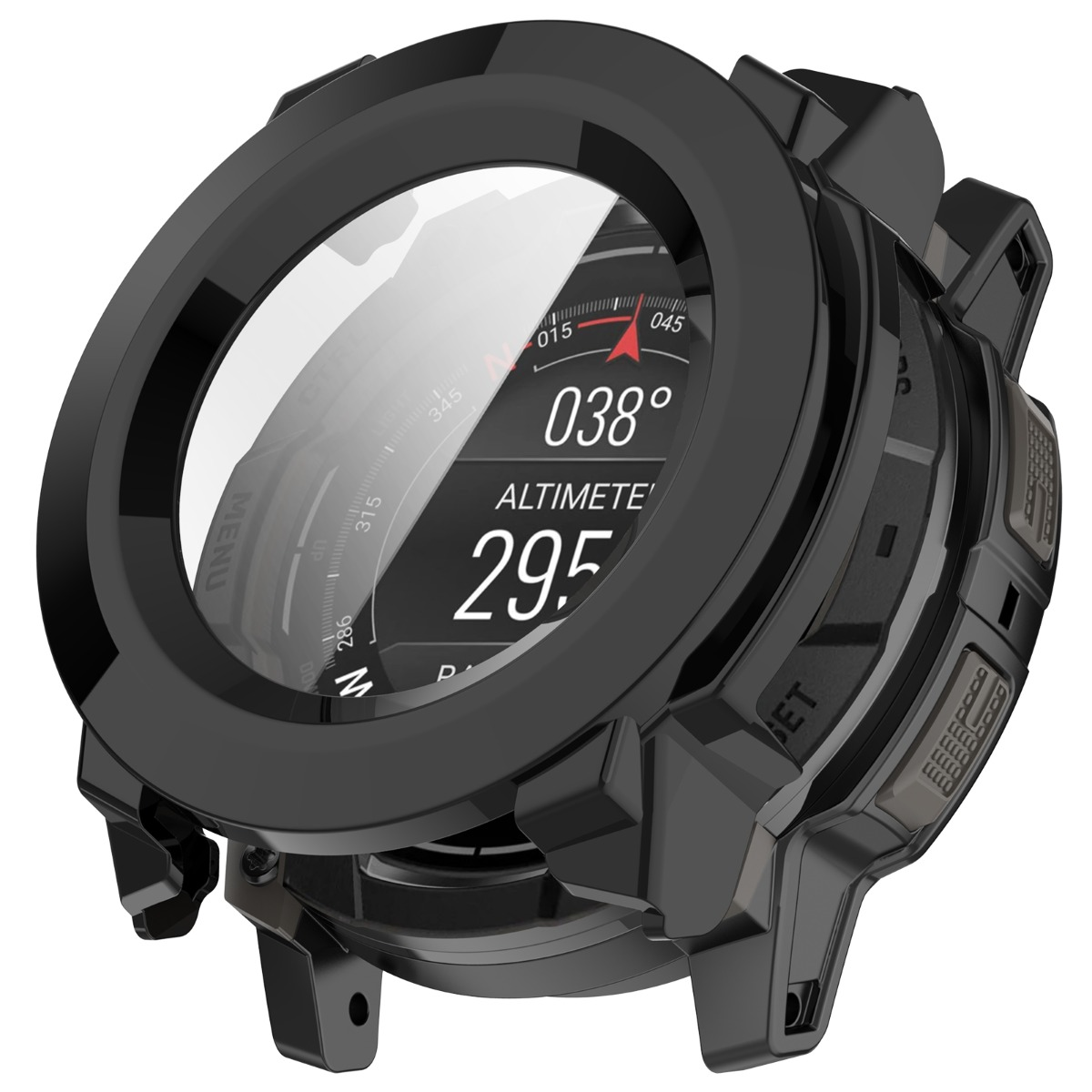 Smartwatch nero con bussola digitale e display altimetro.
