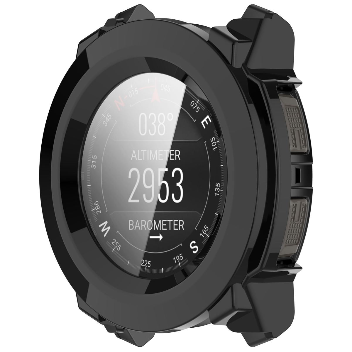 Smartwatch nera con altimetro 2953 e barometro. Bussola visibile.