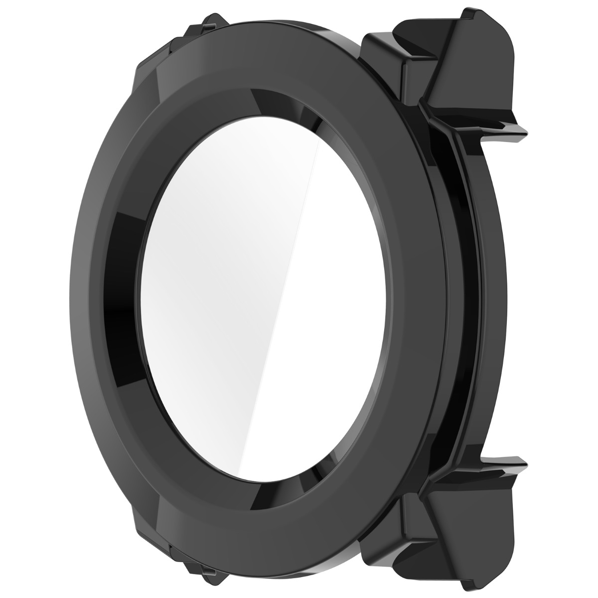 Anello protettivo rotondo nero con centro trasparente e supporti laterali.