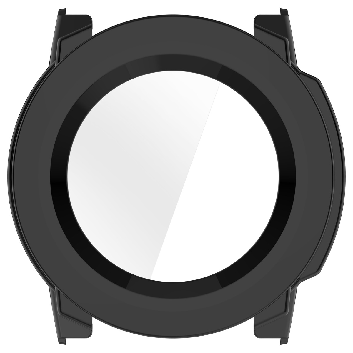 Protezione nera per orologio con ritaglio circolare trasparente e anse.