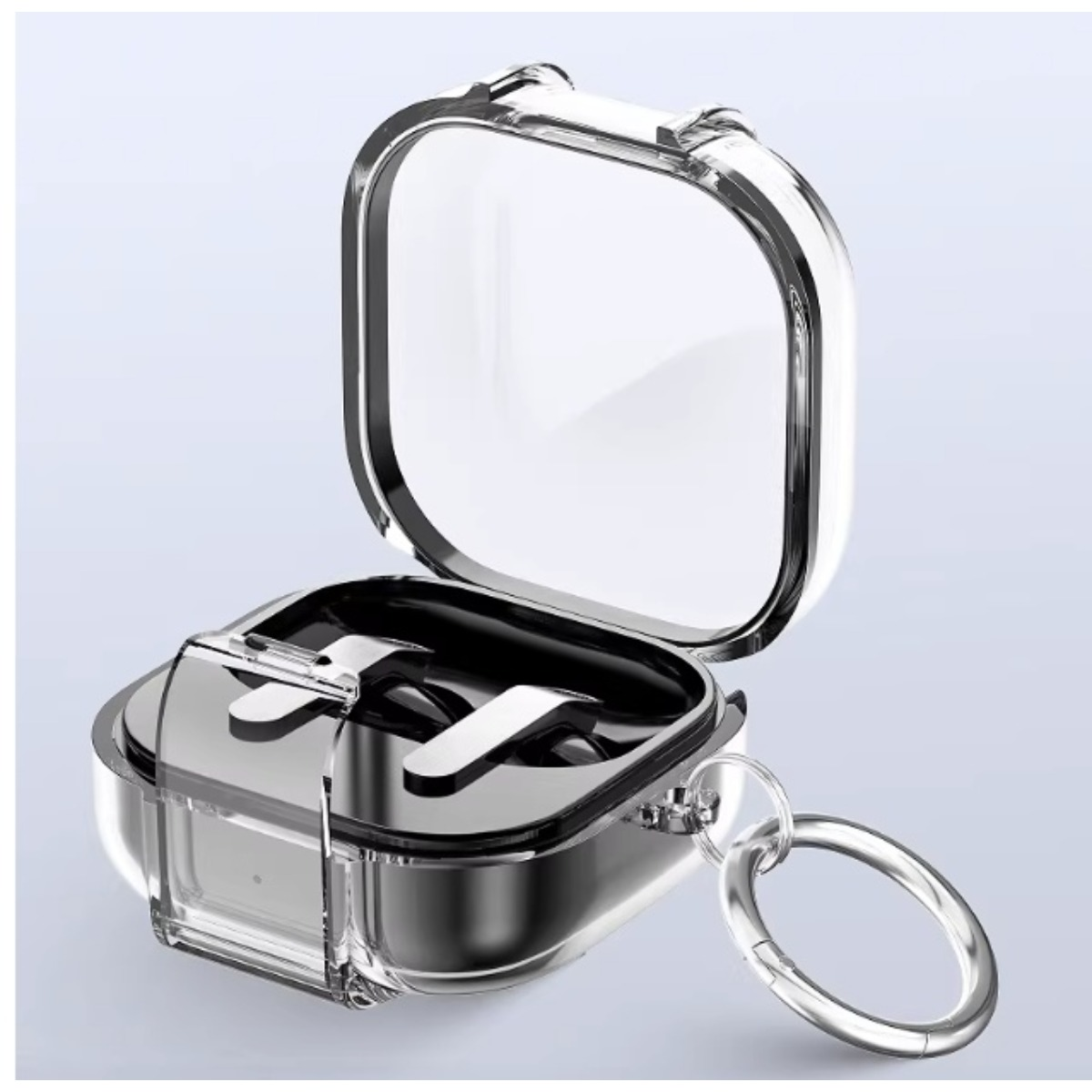 Transparente Hülle mit Ohrhörern und Schlüsselbund, offener Deckel, silberne Akzente.