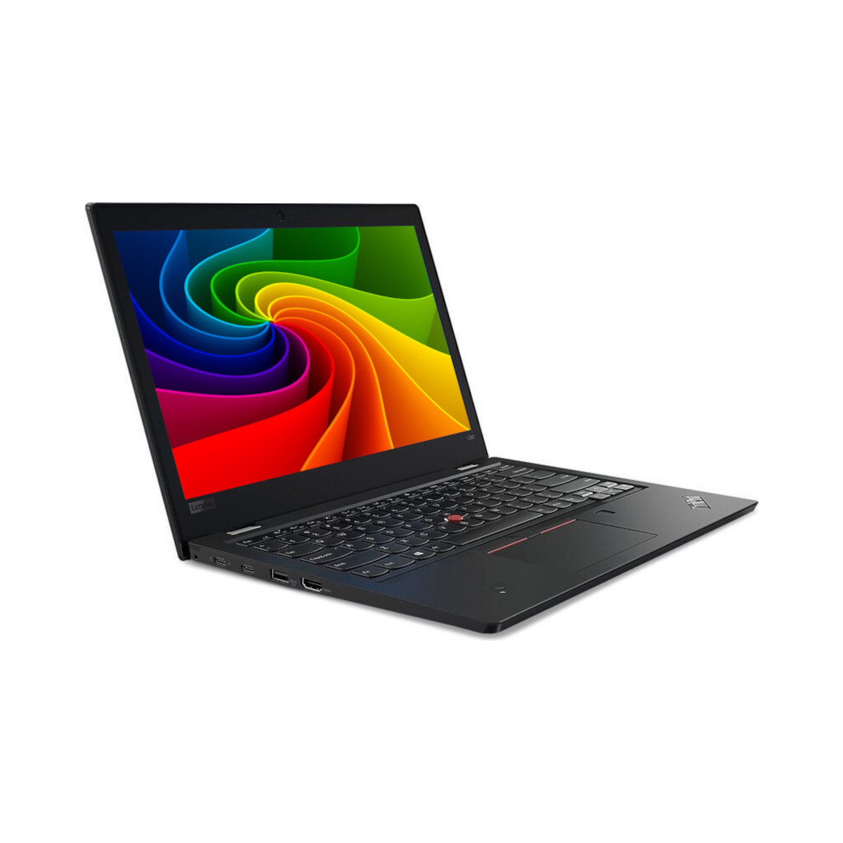 Schwarzer Laptop mit buntem Hintergrund auf dem Bildschirm.