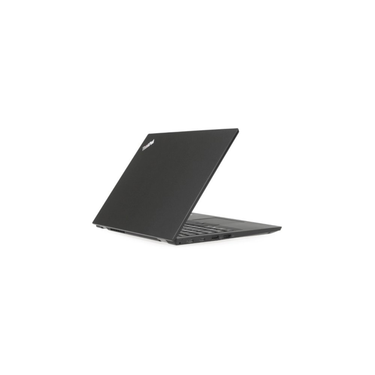 Schwarzer Laptop mit aufgeklapptem Bildschirm, Ansicht von schräg rechts hinten.