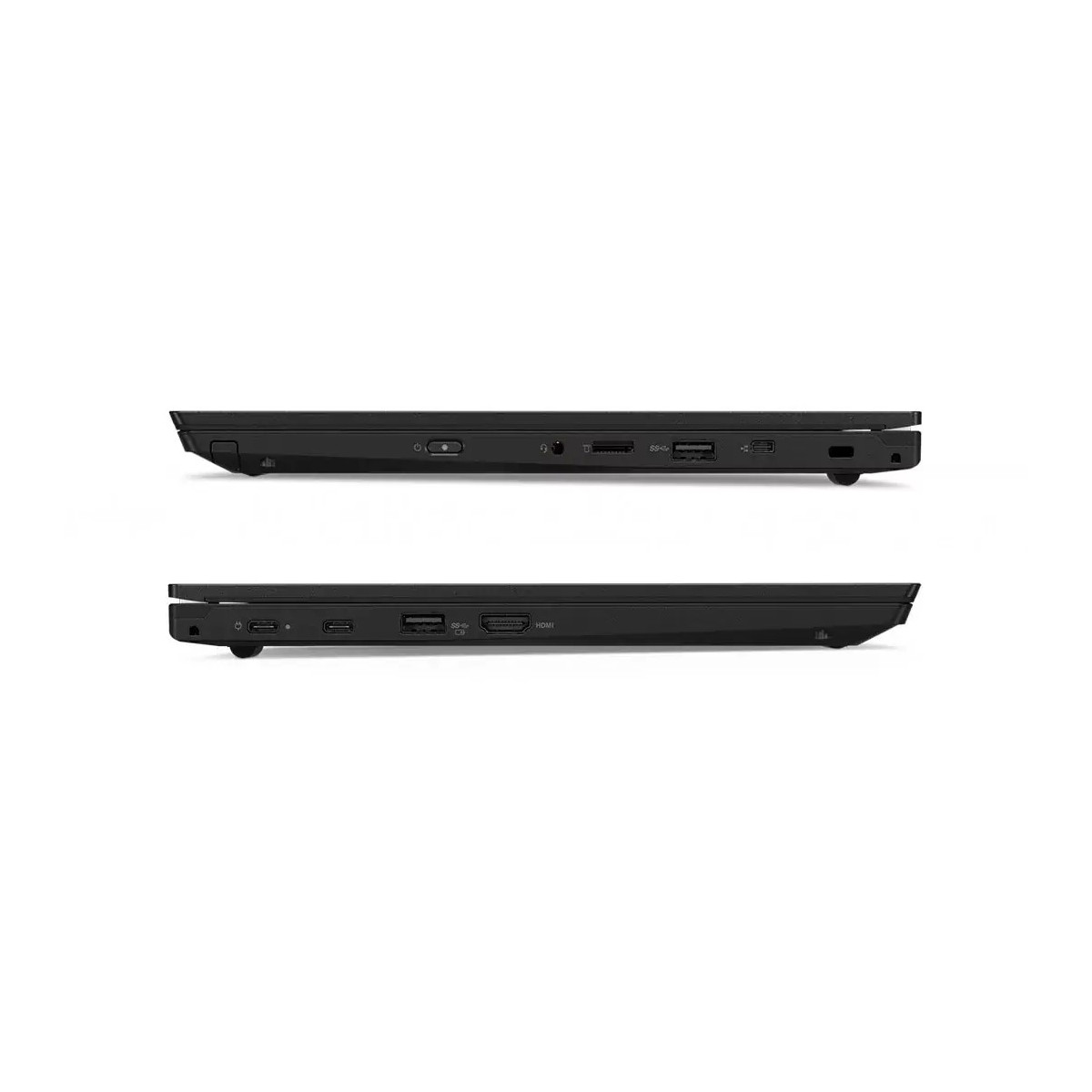 Oben: Seitenansicht eines schwarzen Laptops mit Anschlüssen. Unten: Seitenansicht eines anderen Laptops.
