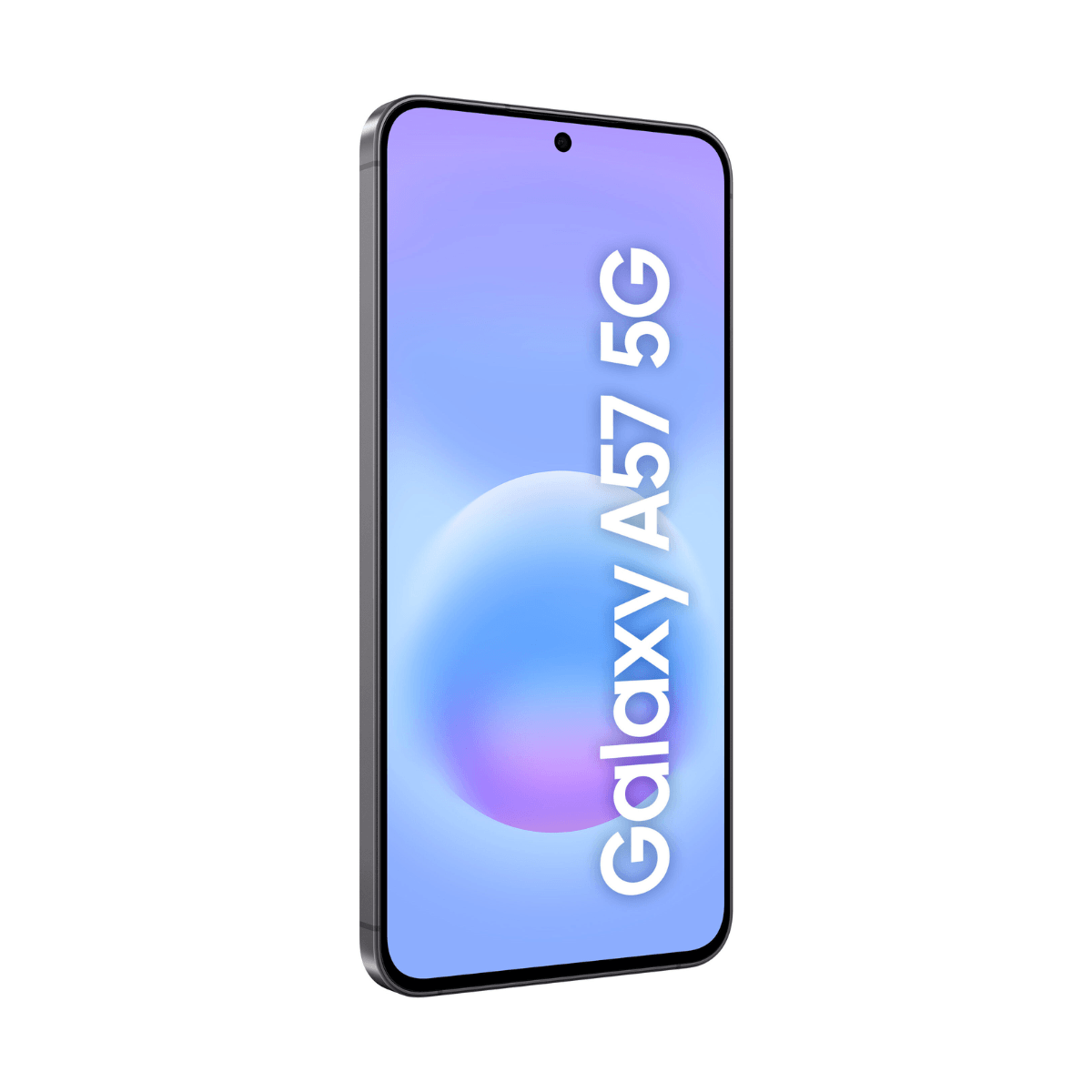Czarny smartfon Samsung Galaxy A57 5G z niebiesko-fioletową grafiką tła.