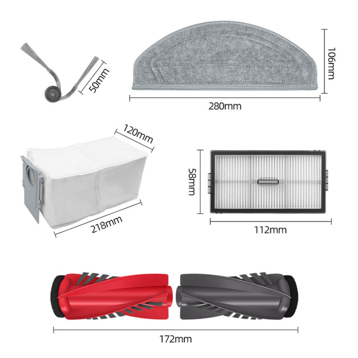 Un set di accessori per aspirapolvere inclusi spazzole laterali, sacchetto per la polvere, filtro e spazzole a rullo.