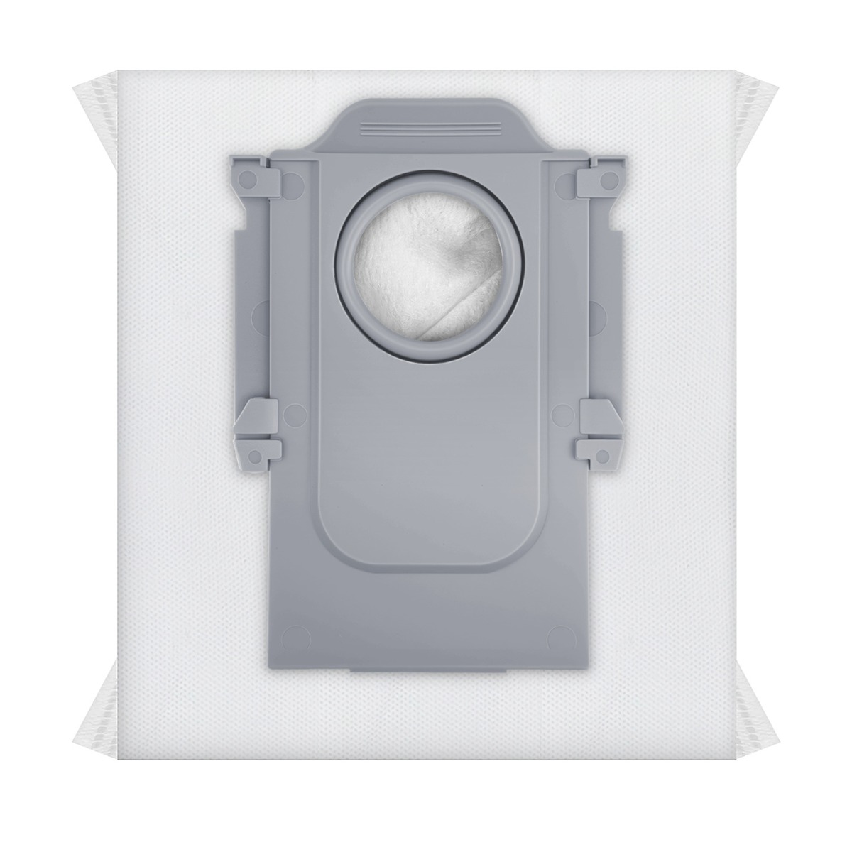 Un portaspirapolvere grigio con sacco antipolvere bianco. L'interno è riempito di materiale bianco.