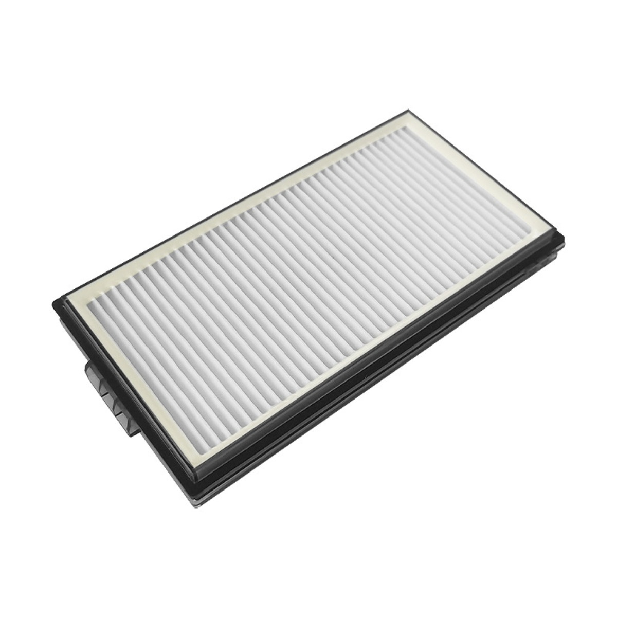 Un filtro HEPA rettangolare bianco con cornice nera.