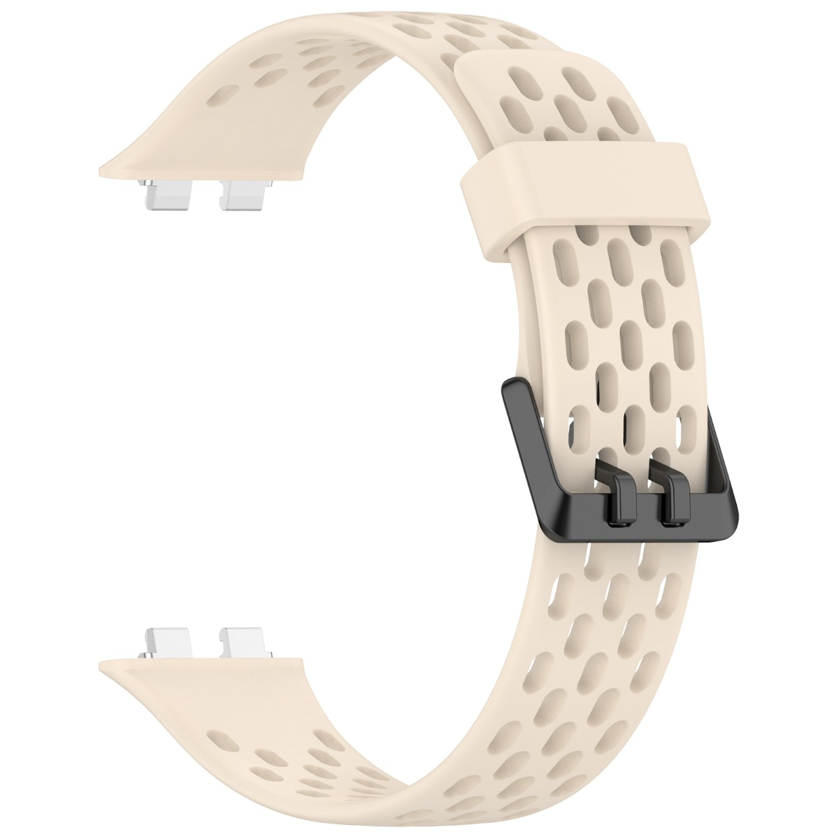 Beigefarbenes Uhrenarmband mit perforiertem Design und schwarzer Schnalle.
