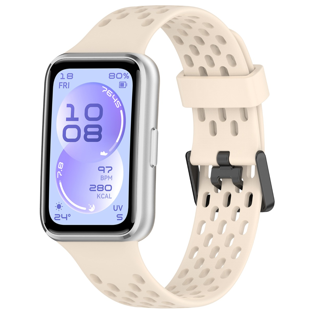 Eine silberne Smartwatch mit beigem Lochband zeigt Zeit, Herzfrequenz und Kalorien an.