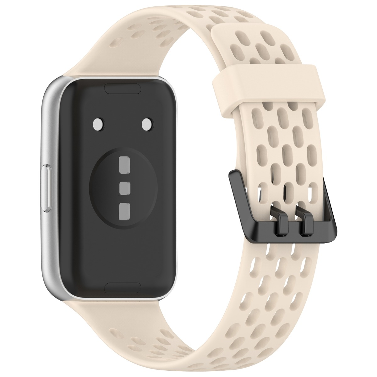 Ein cremefarbenes Smartwatch-Armband mit silbernem Gehäuse und schwarzer Schnalle.