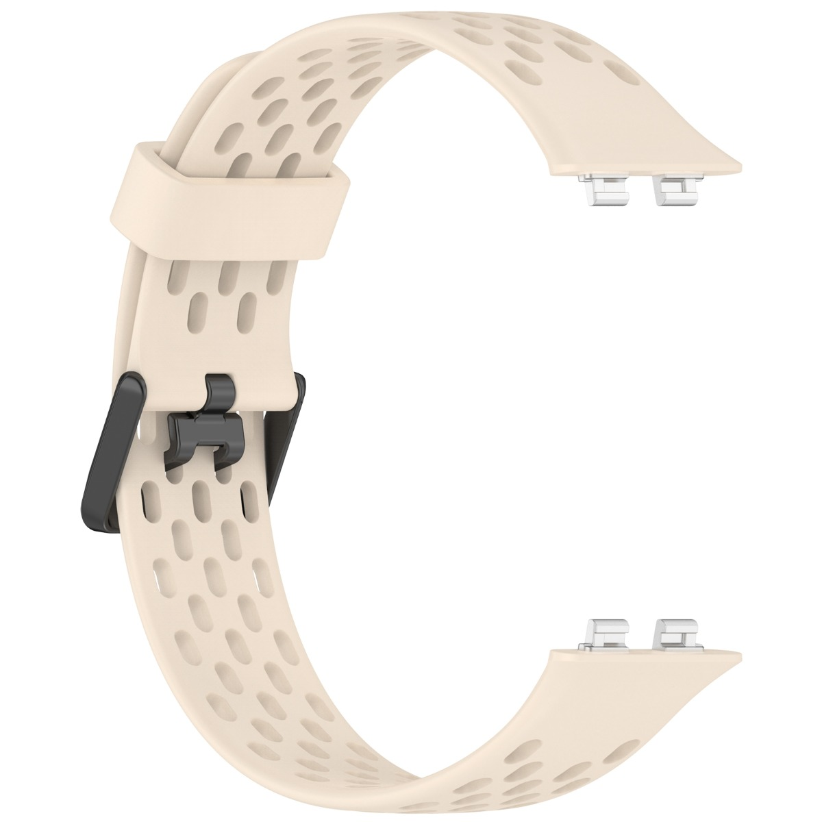 Ein hellbeiges Armband mit ovalen Aussparungen und schwarzem Verschluss
