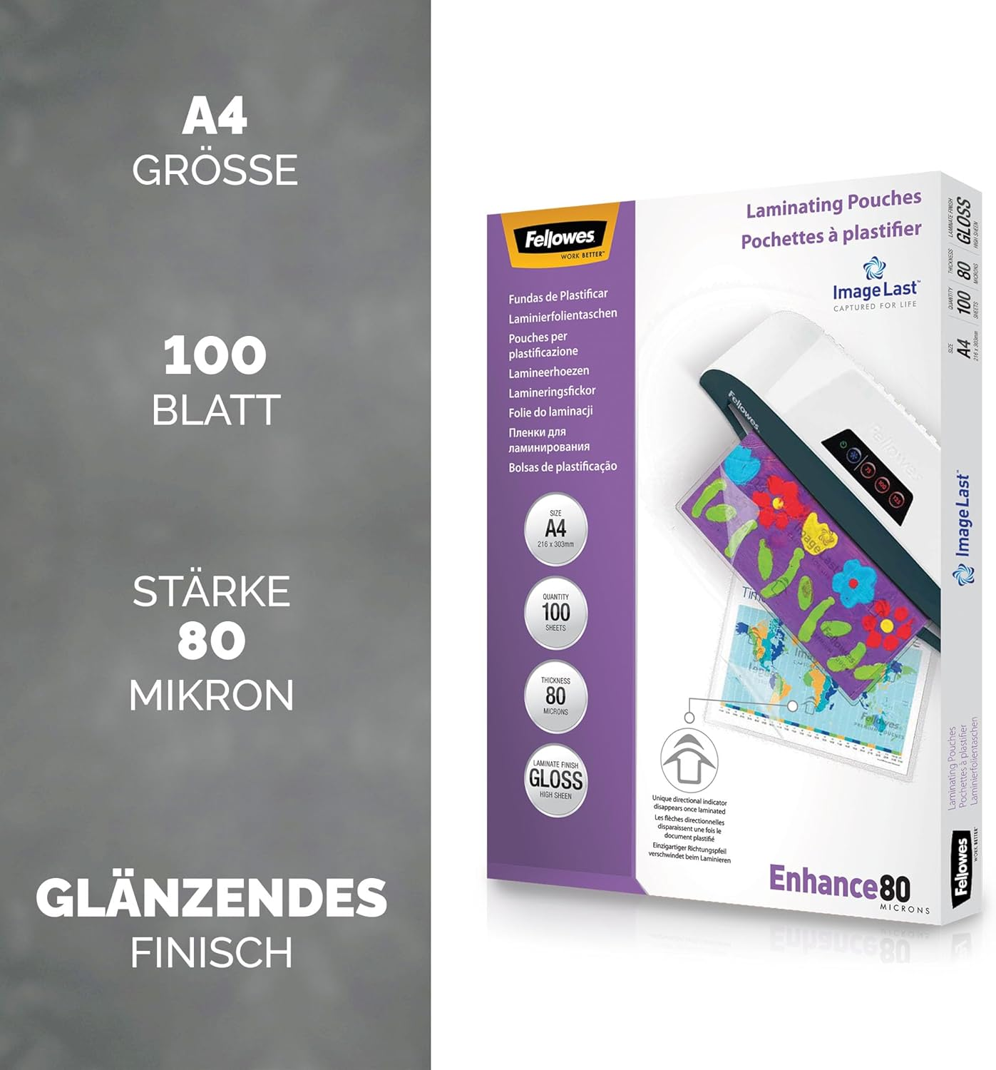 Fellowes A4 Laminierfolien, 100 Blatt, 80 Mikron, glänzendes Finish.