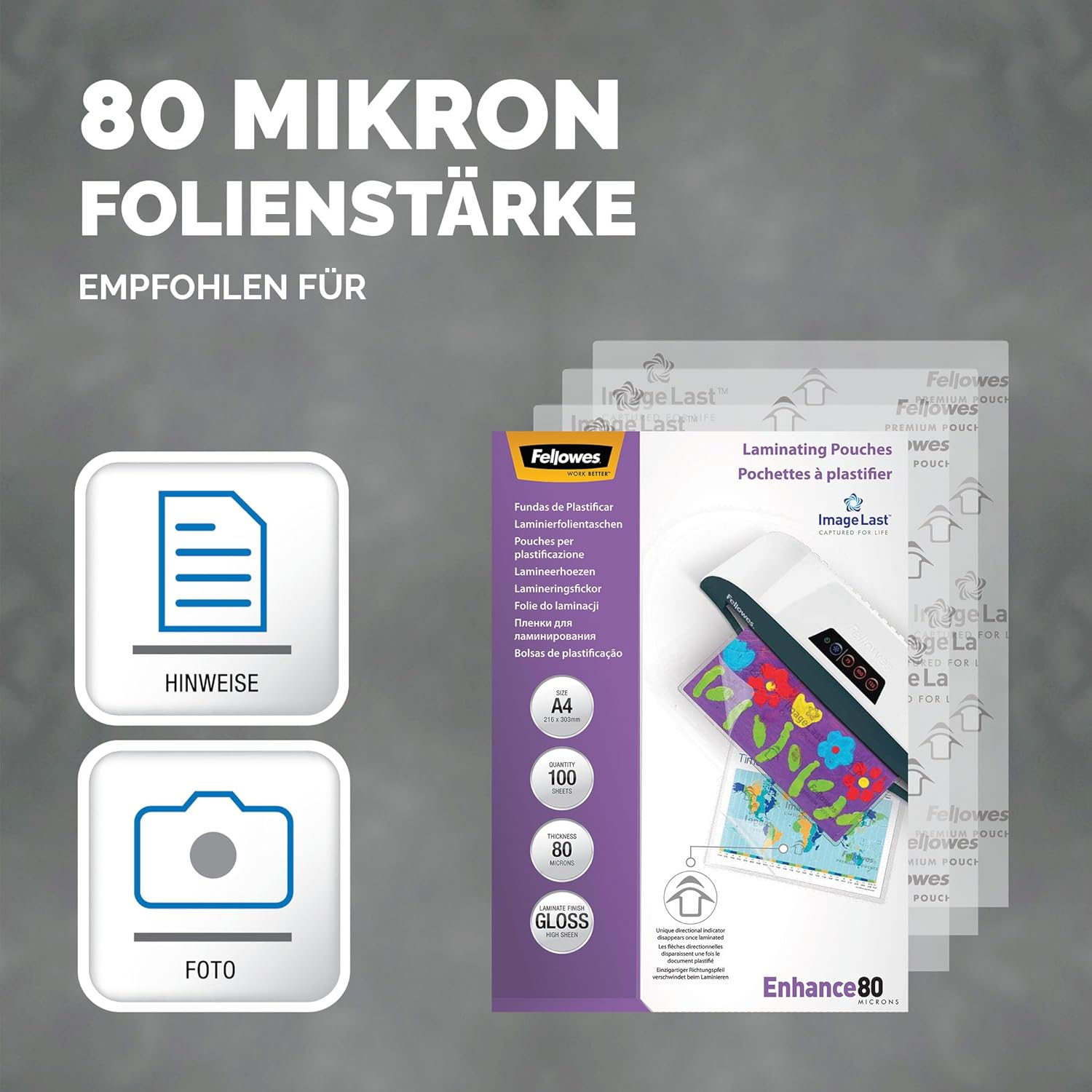Fellowes Laminierfolien: 80 Mikron, A4, 100 Stück, Gloss-Finish.