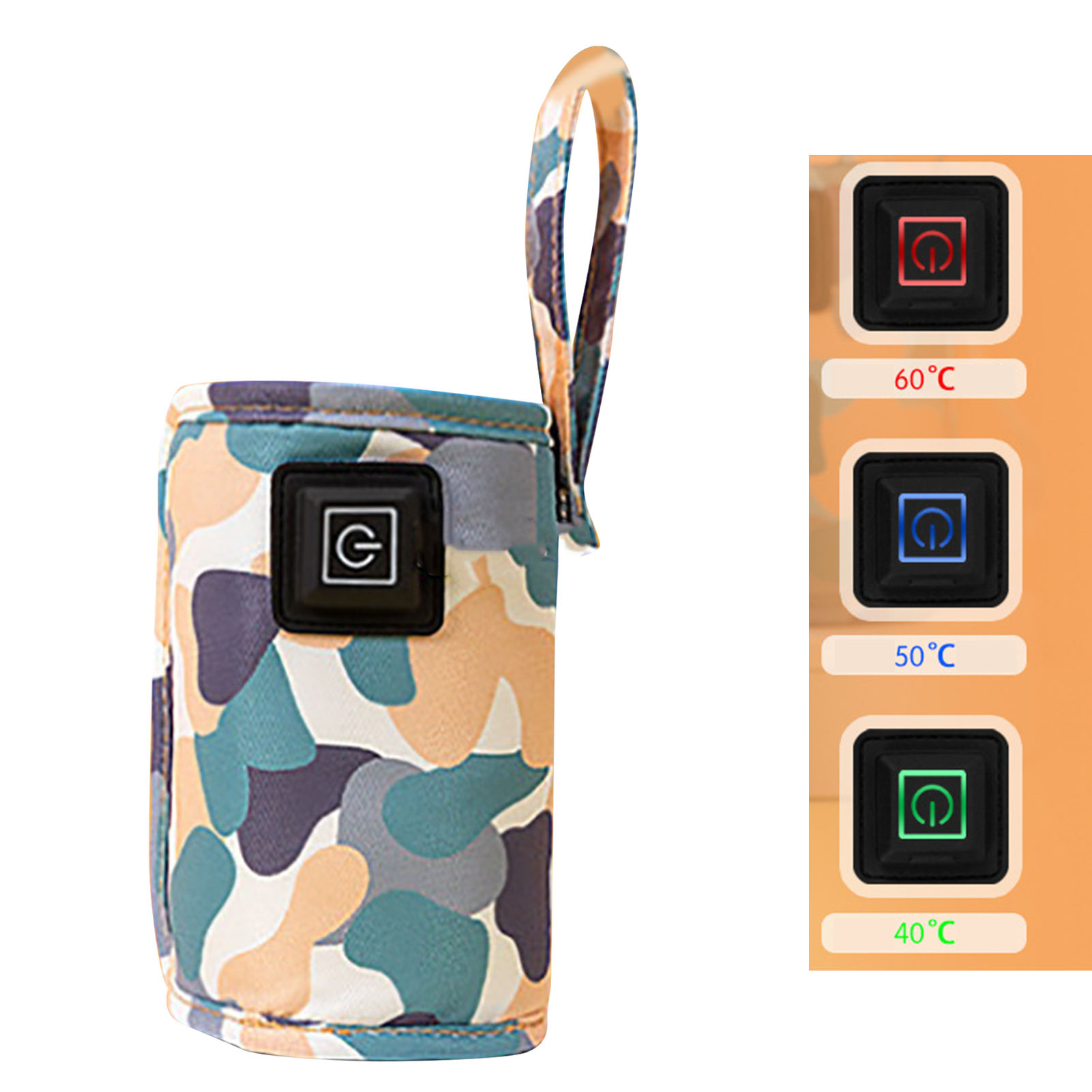 Tarnfarbene beheizbare Flasche mit G-Symbol und Temperaturanzeigen.