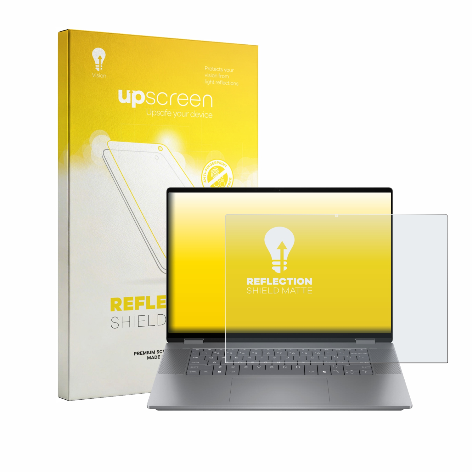 Ein Laptop mit Displayschutzfolie und Verpackung. Gelbe und weiße Box.