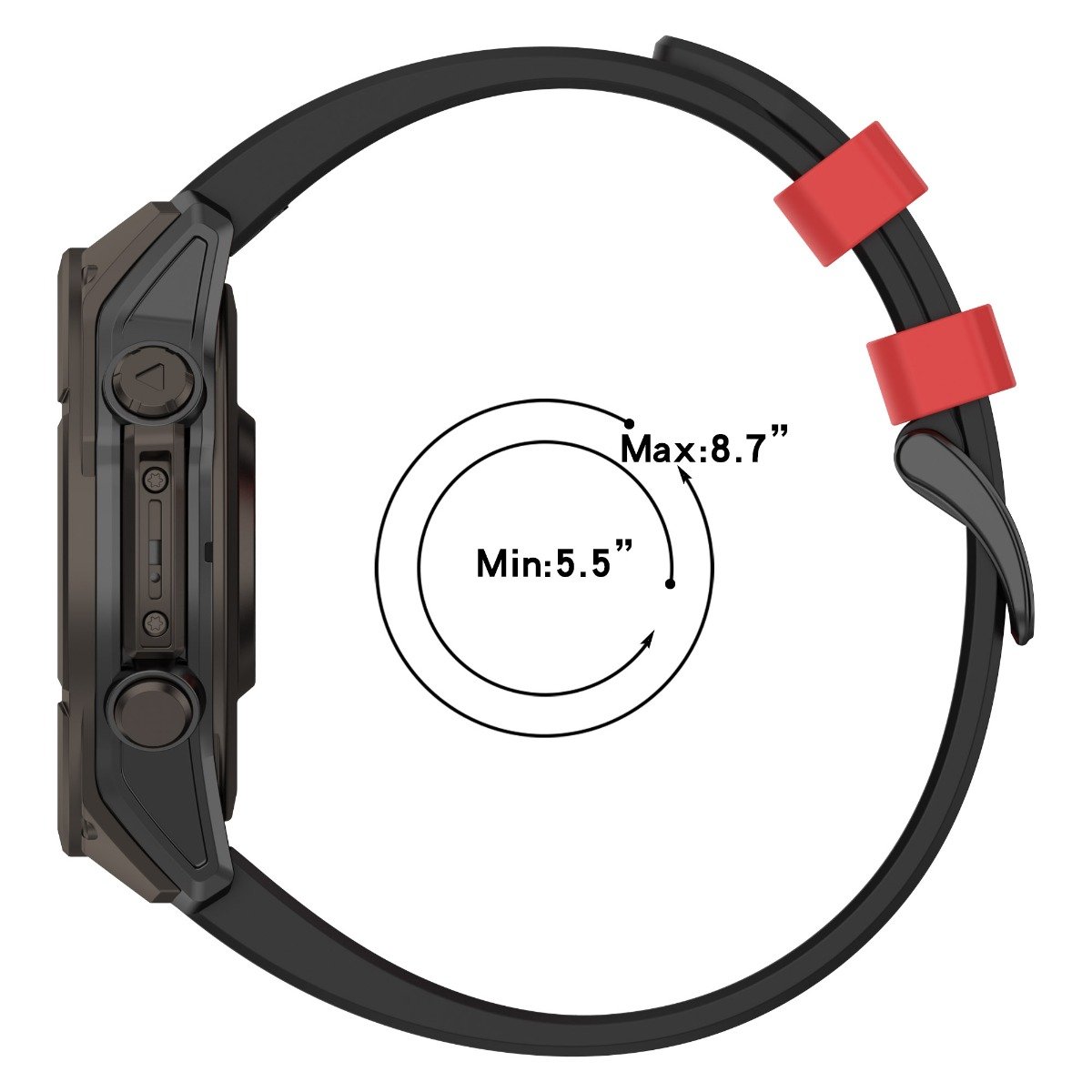 Eine schwarze Smartwatch mit roten Bandhaltern, zeigt Handgelenkgrößenbereich an.