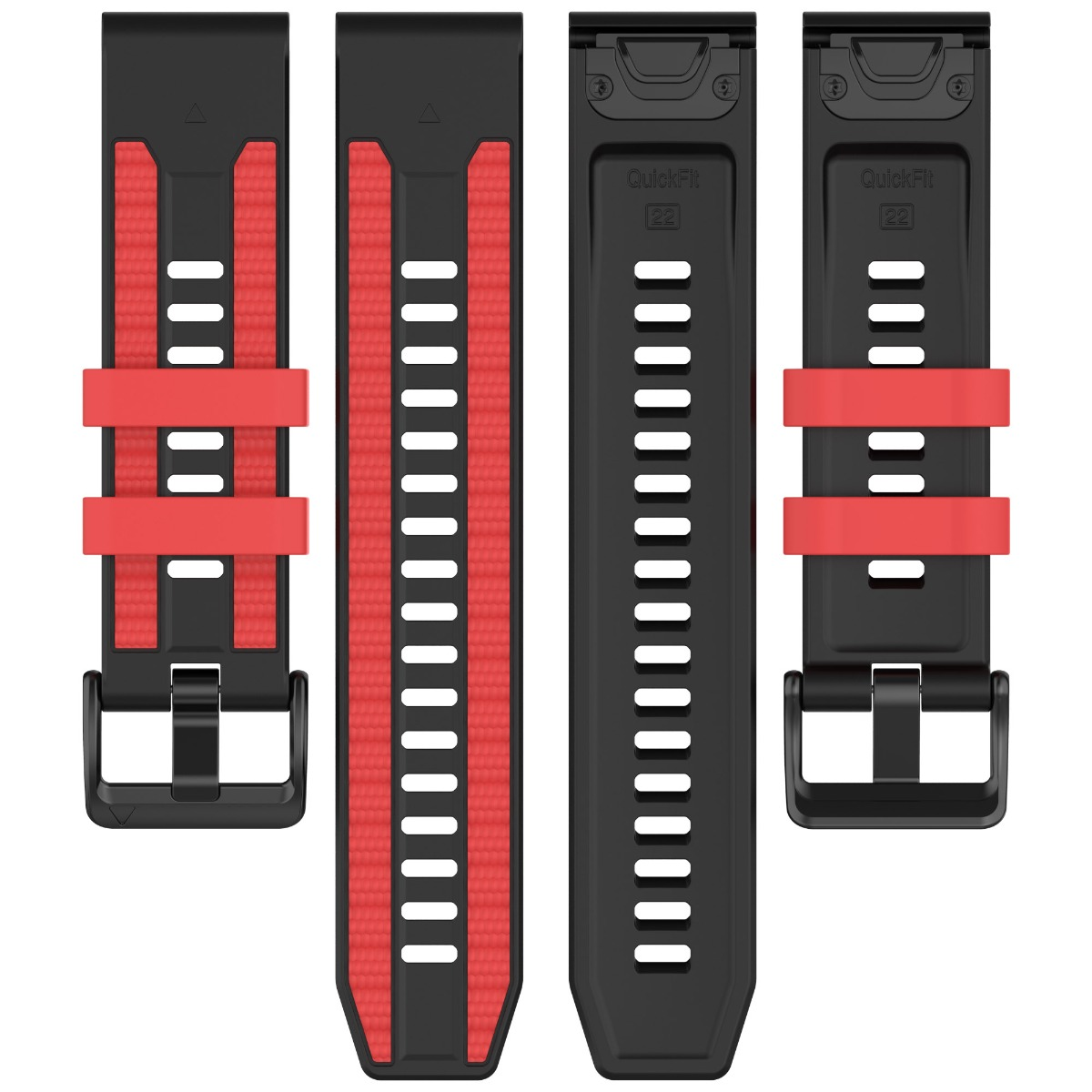 Zwei schwarze Uhrenarmbänder mit roten Akzenten, eines mit Schnalle.