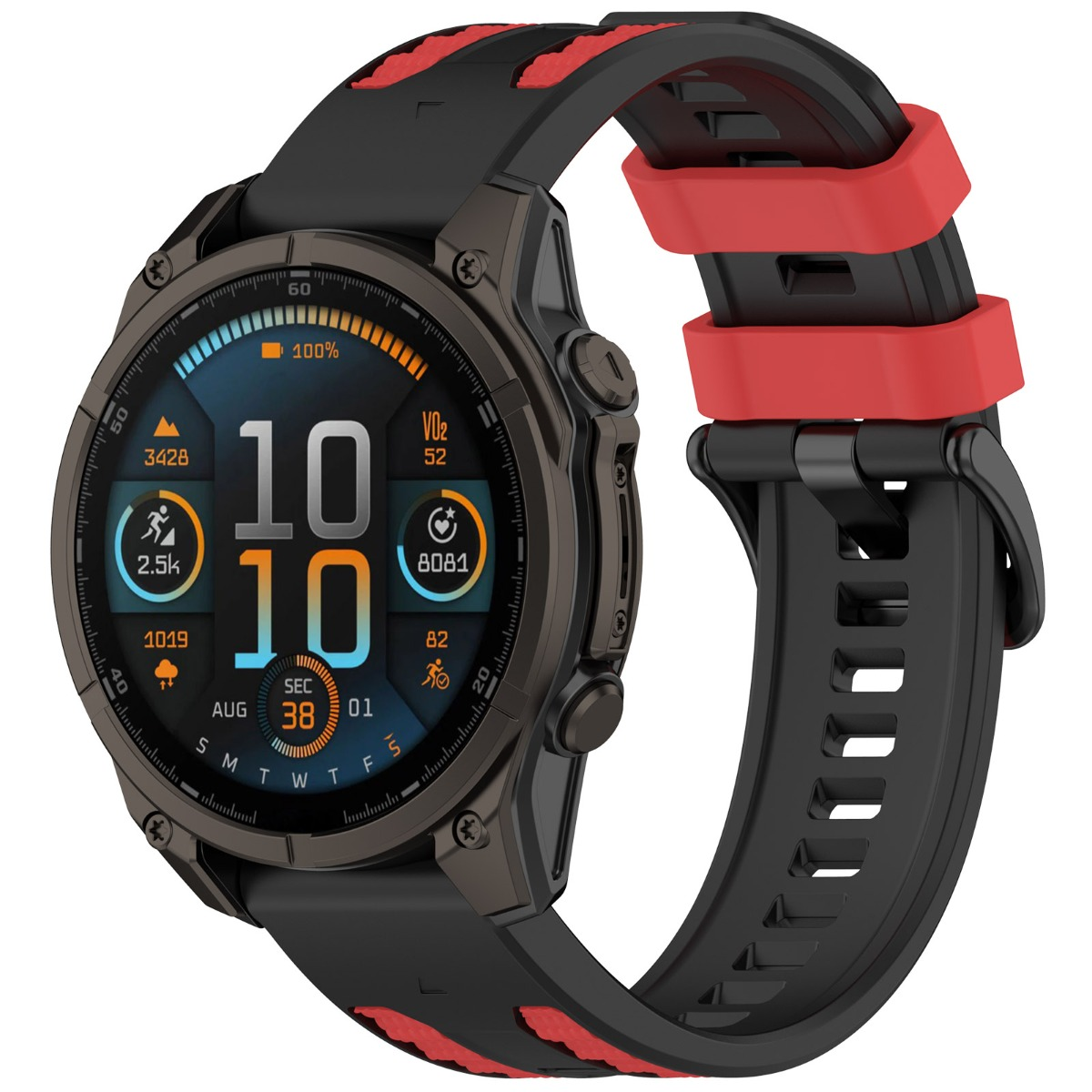 Eine schwarze und rote Smartwatch mit einem digitalen Display, das Uhrzeit und Fitnessdaten anzeigt.