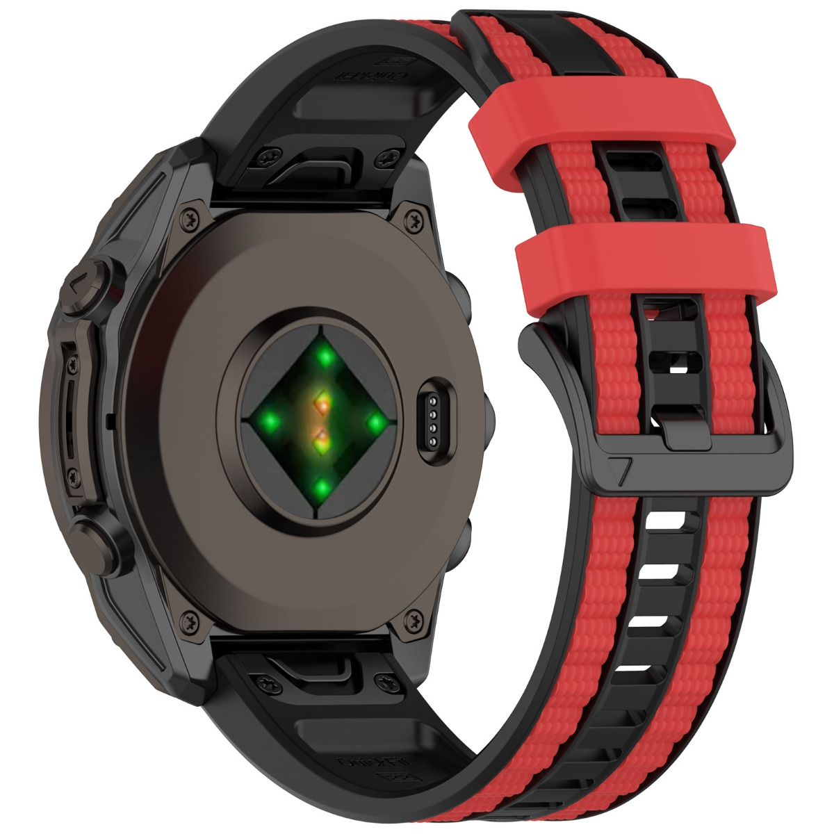 Rückseite einer Smartwatch mit rotem und schwarzem Armband, Herzfrequenzsensor leuchtet grün.