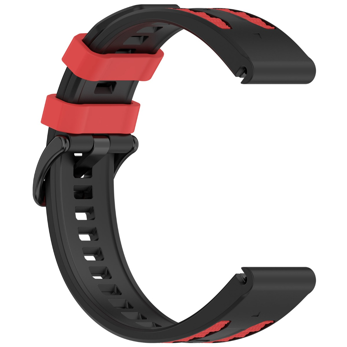 Schwarzes Uhrenarmband mit roten Akzenten und Metallschnalle, auf weißem Hintergrund.