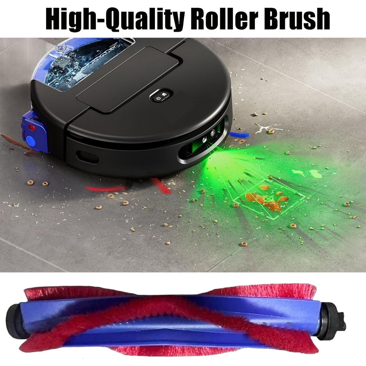Un robot aspirapolvere nero pulisce un pavimento con luce verde e spazzole. Sotto una spazzola di ricambio.