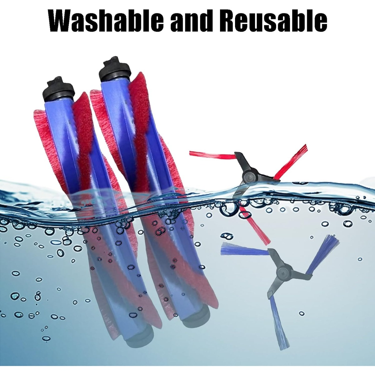 Zwei blaue und rote Bürstenköpfe tauchen in Wasser ein, daneben kleine Bürstenköpfe.