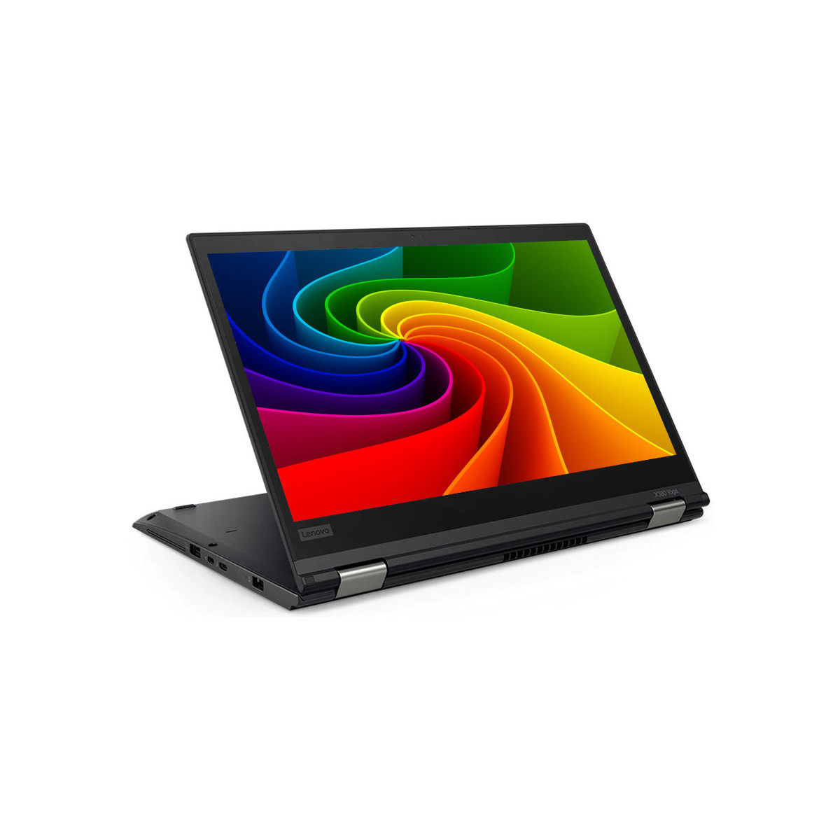 Ein offener schwarzer Laptop mit einem bunten Wirbel-Hintergrundbild.