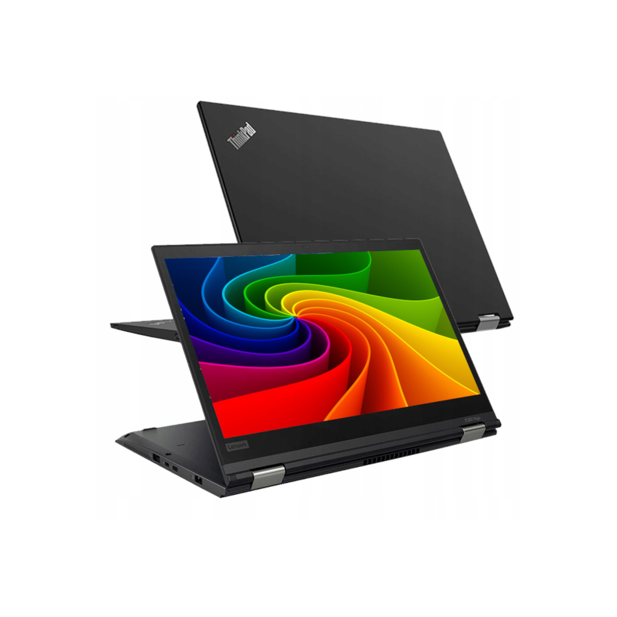 Schwarzer Lenovo ThinkPad Laptop geöffnet, zeigt bunte Wirbel-Tapete. Ein weiterer Laptop ist geschlossen.