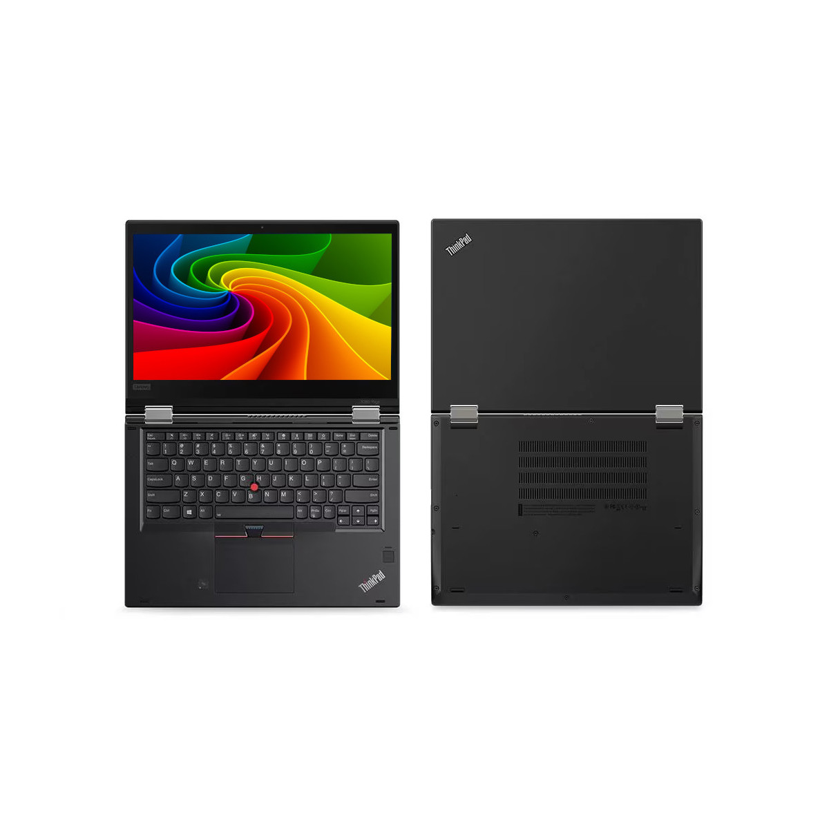 Ein offener schwarzer Laptop mit Tastatur und einem bunten Hintergrundbild.