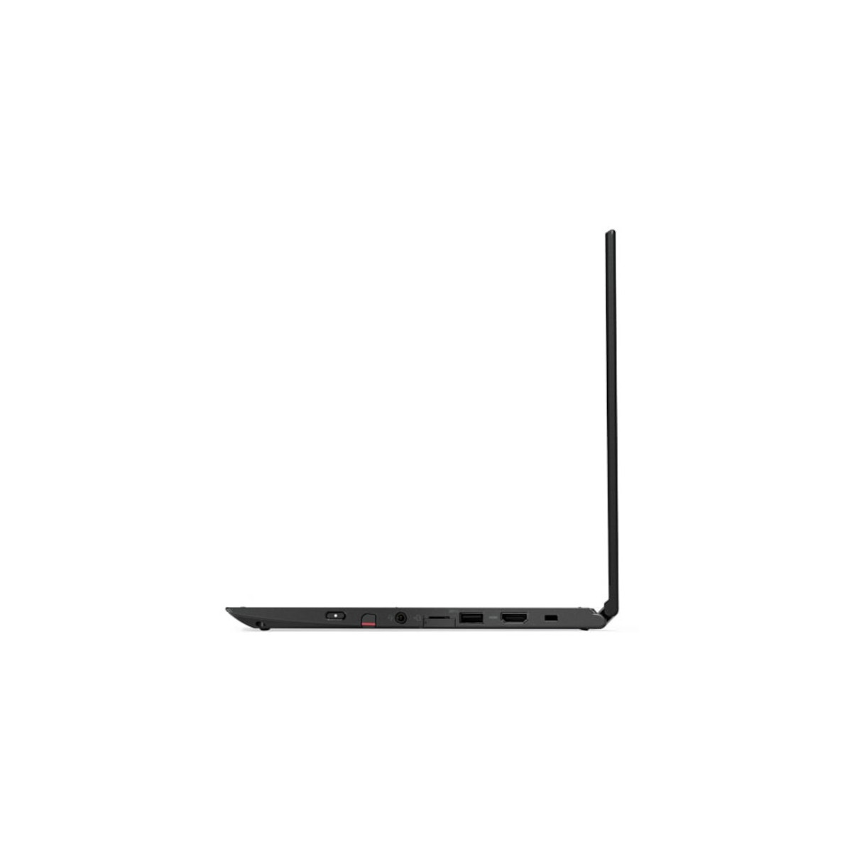 Seitenansicht eines geöffneten schwarzen Laptops mit Anschlüssen.