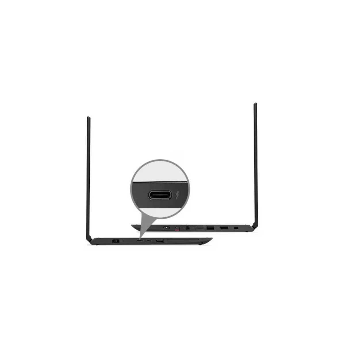 Nahaufnahme eines Thunderbolt-Anschlusses an einem Laptop mit silbernem Blitzsymbol.