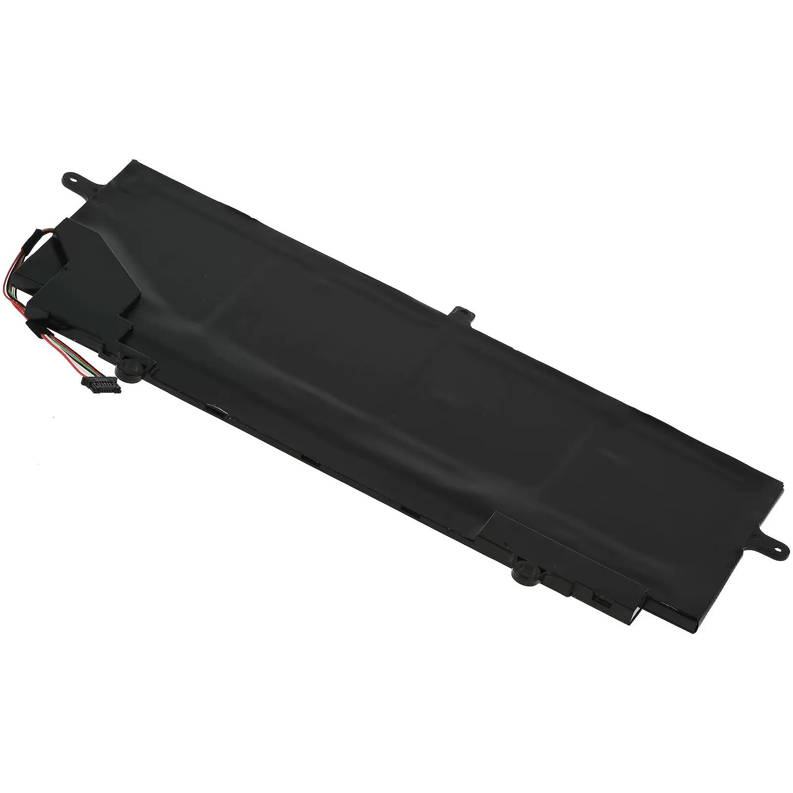 Schwarzer Laptop-Akku mit Kabeln auf weißem Hintergrund.