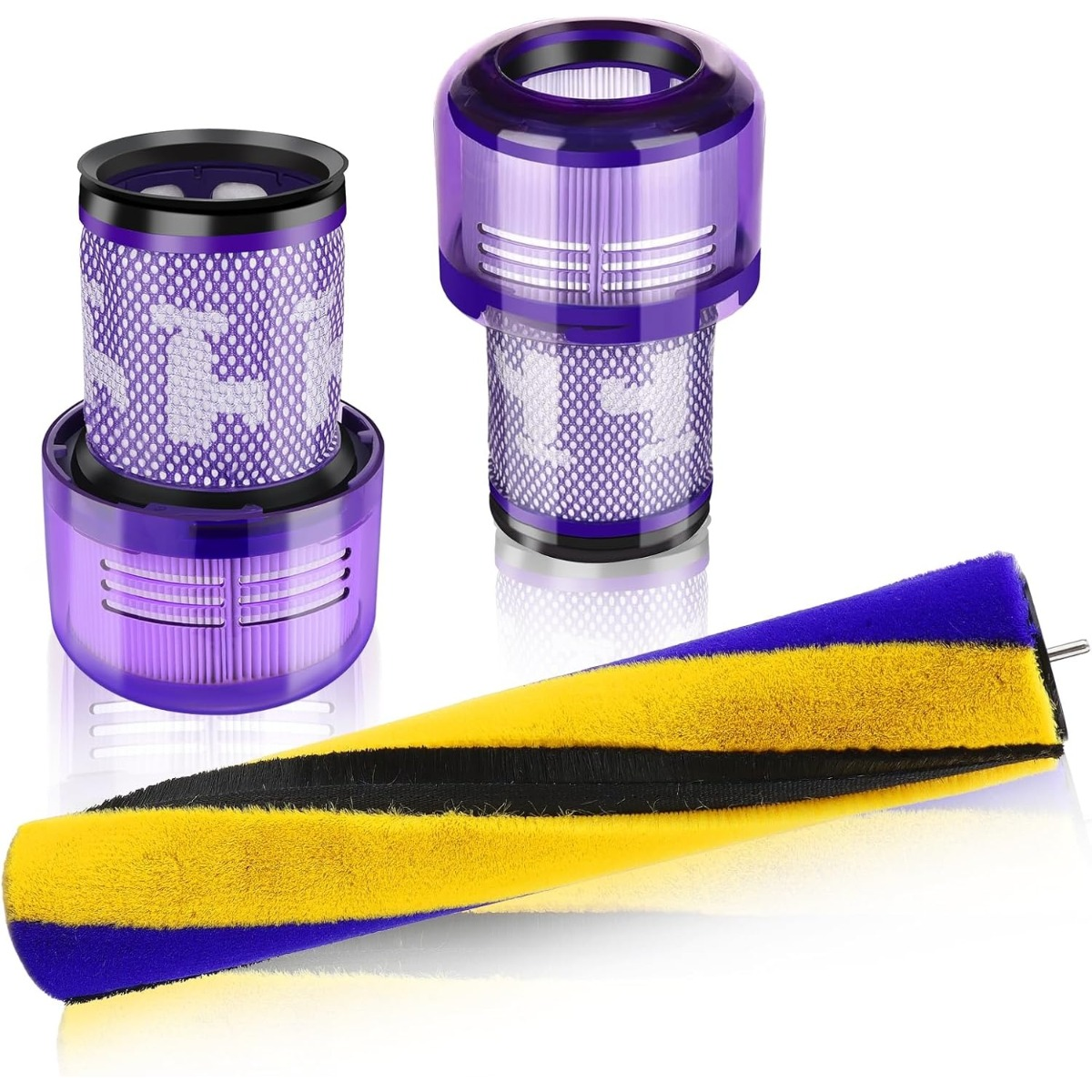 Due filtri viola per aspirapolvere e un rullo spazzola giallo e blu.