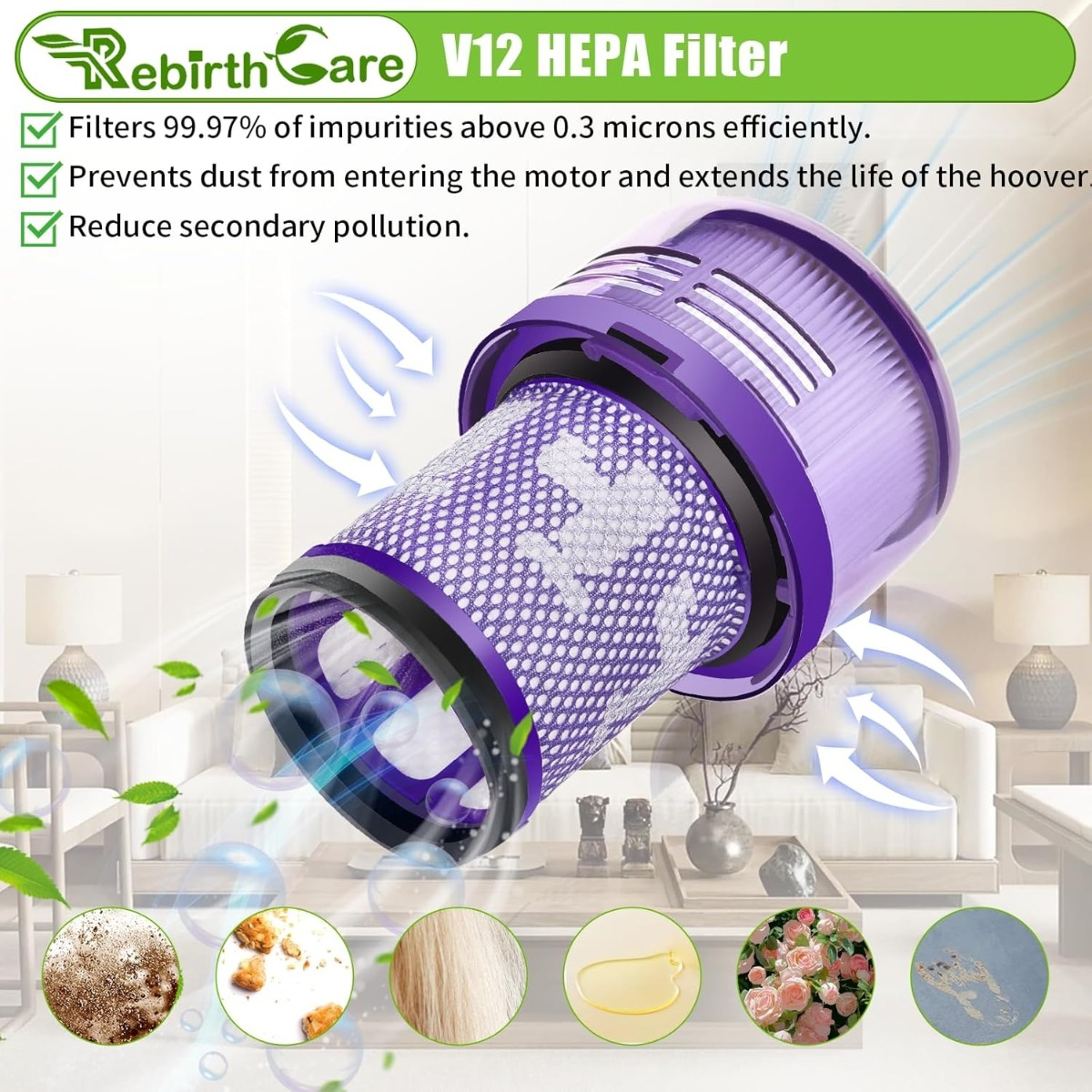Un filtro HEPA viola con testo che evidenzia le sue capacità di filtrazione.