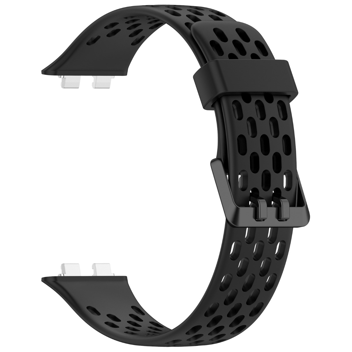 Ein schwarzes Uhrenarmband mit ovalen Ausstanzungen und einem Metallschnallenverschluss.