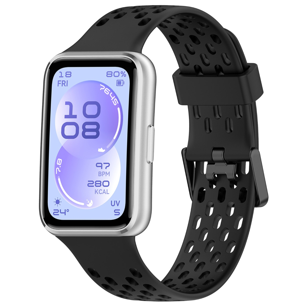 Eine silberne Smartwatch mit schwarzem Armband zeigt Uhrzeit, Datum, Puls und Kalorien.