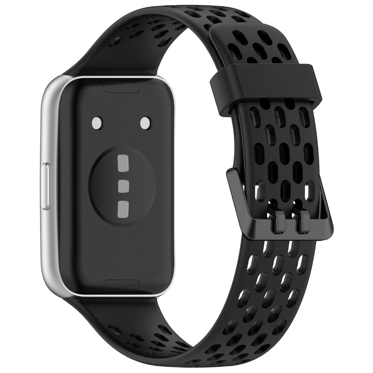 Nahaufnahme einer schwarzen Smartwatch mit silbernem Gehäuse und Lünette.