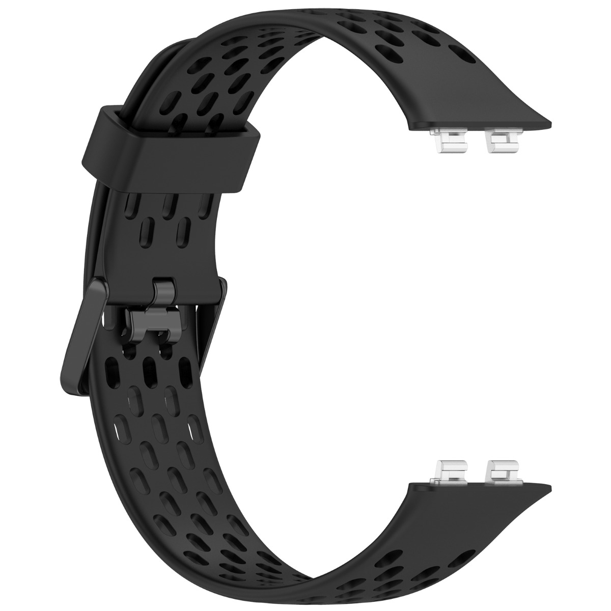 Schwarzes Uhrenarmband mit perforiertem Design und Metallschnalle.