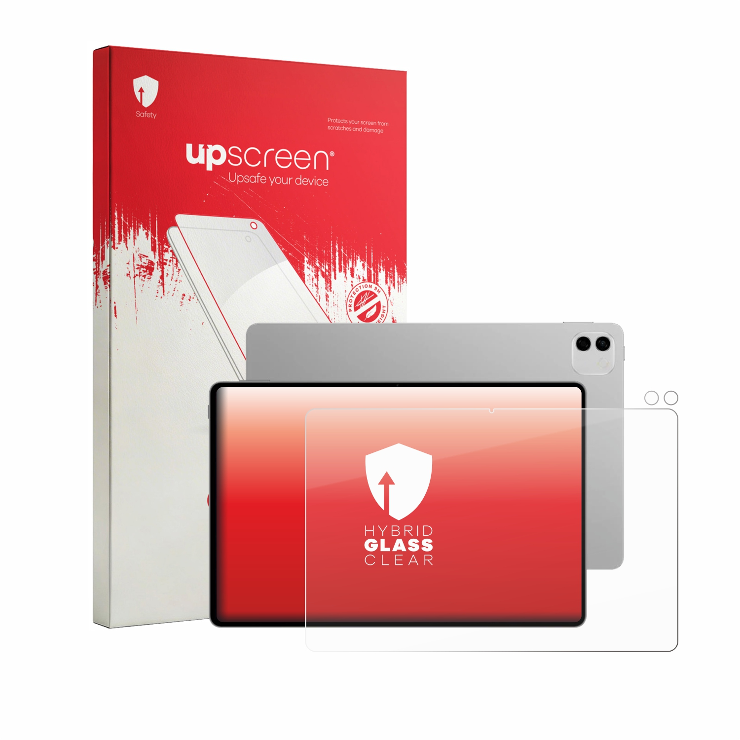 Upscreen-Verpackung neben einem silbernen Tablet mit Displayschutz.