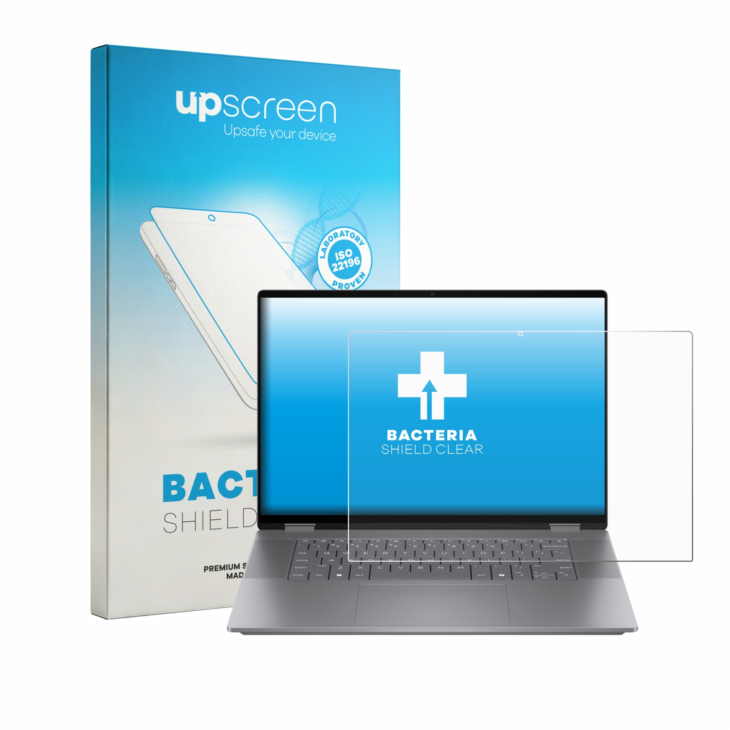 Verpackung und Displayschutzfolie für Laptop mit Bakterienschutz-Siegel.